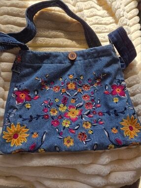 Hand Made Denim Crossbody Bag with Floral Embroidery and Yellow Lining